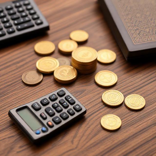 Islamic financial analysis concept, gold coins and calculator on desk, Islamic geometric patterns