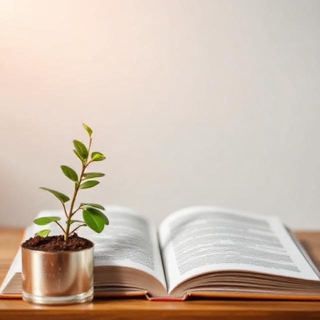 Personal development coaching concept, open book and growing plant