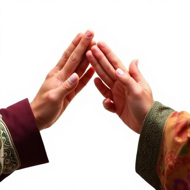 Interfaith mediation concept, two hands reaching, diverse symbols